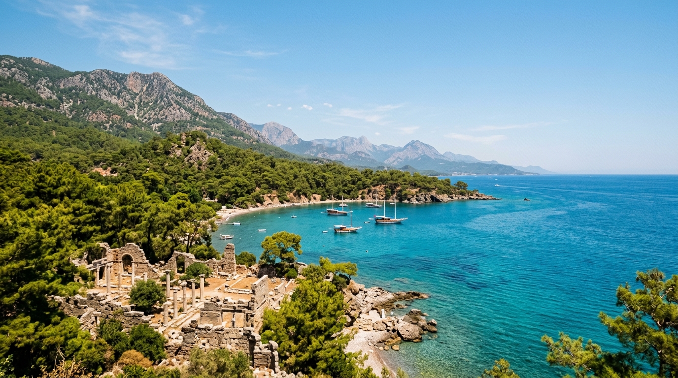 Turquoise bay with ancient ruins and pine forest on the coast near Antalya