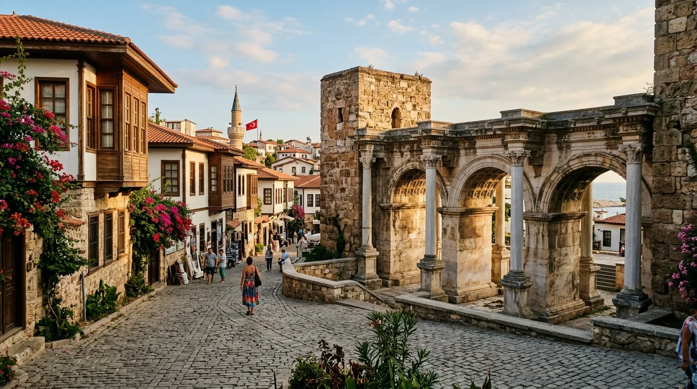 Hadrian's Gate and the cobbled streets of Antalya's Kaleiçi old town