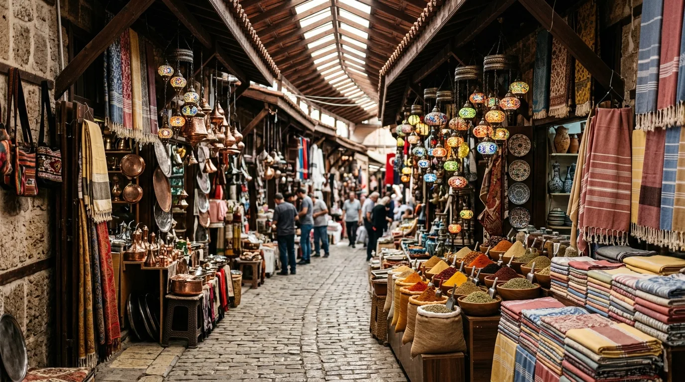 Spices, textiles and lanterns on display at a traditional Antalya bazaar