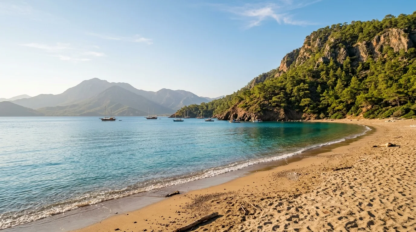 Calm turquoise bay and empty beach near Antalya in warm September afternoon light, with the Taurus mountains in the distance