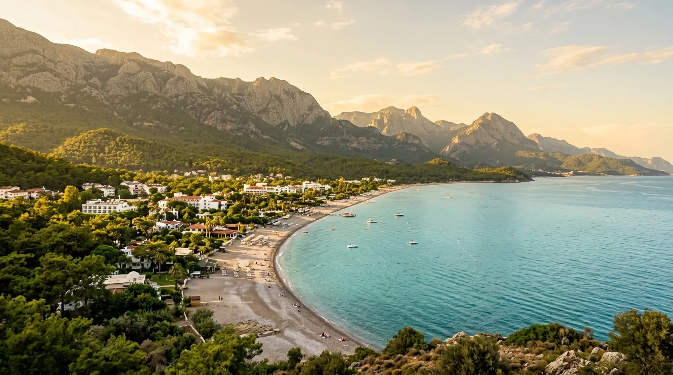 Elevated golden-hour view of a resort coastline near Kemer with turquoise sea, pine trees and the Taurus mountains behind
