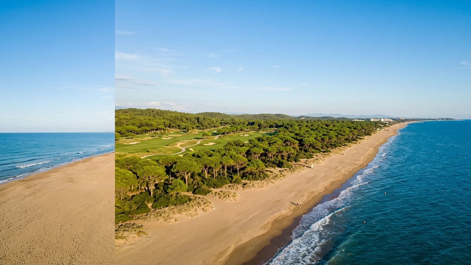 Belek, Türkiye — the coast at Belek, a wide sandy beach with an umbrella pine forest immediately behind it and manicured golf fairways further inland.
