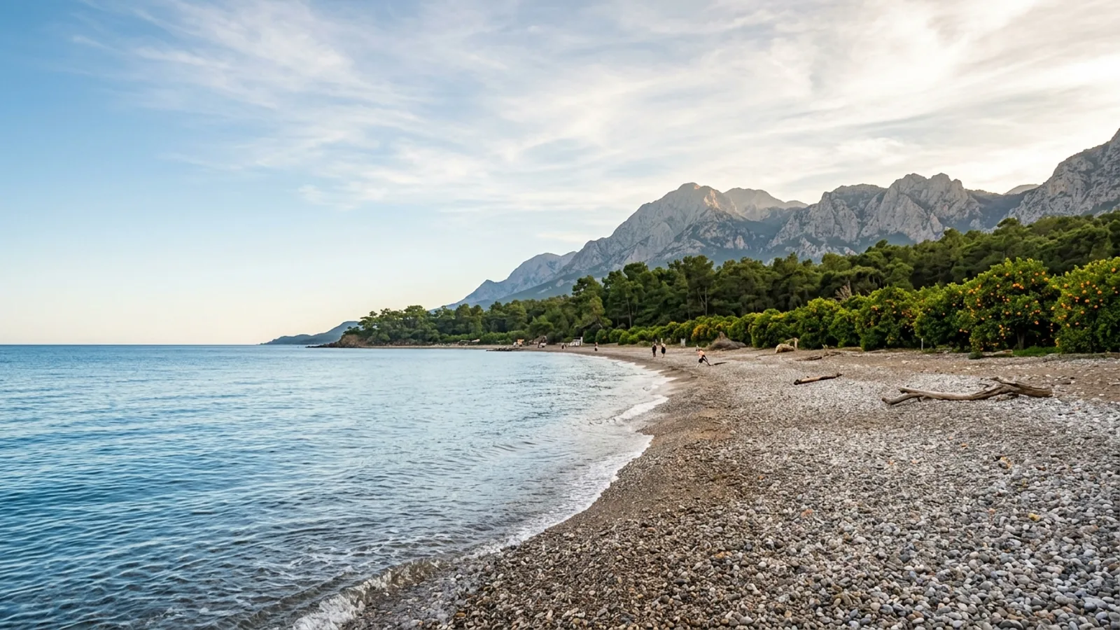 Camyuva, Türkiye — the pebble shore at Camyuva south of Kemer, orange groves and pine woods between the beach and the mountain wall behind.
