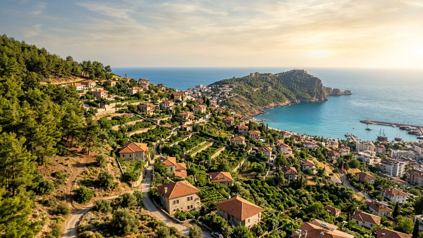 Cikcilli, Türkiye — the hillside settlement of Cikcilli above Alanya, terraced gardens and pine slopes with a wide view over the bay and the sea below.