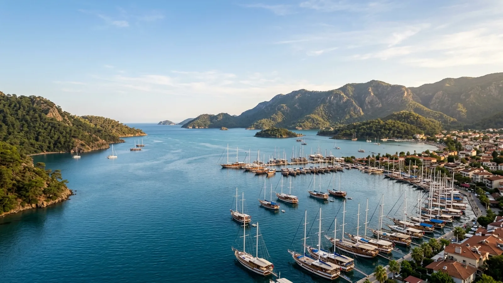 Fethiye, Türkiye — the bay at Fethiye, a large sheltered harbour full of wooden gulet boats with pine-covered hills and islands all around.