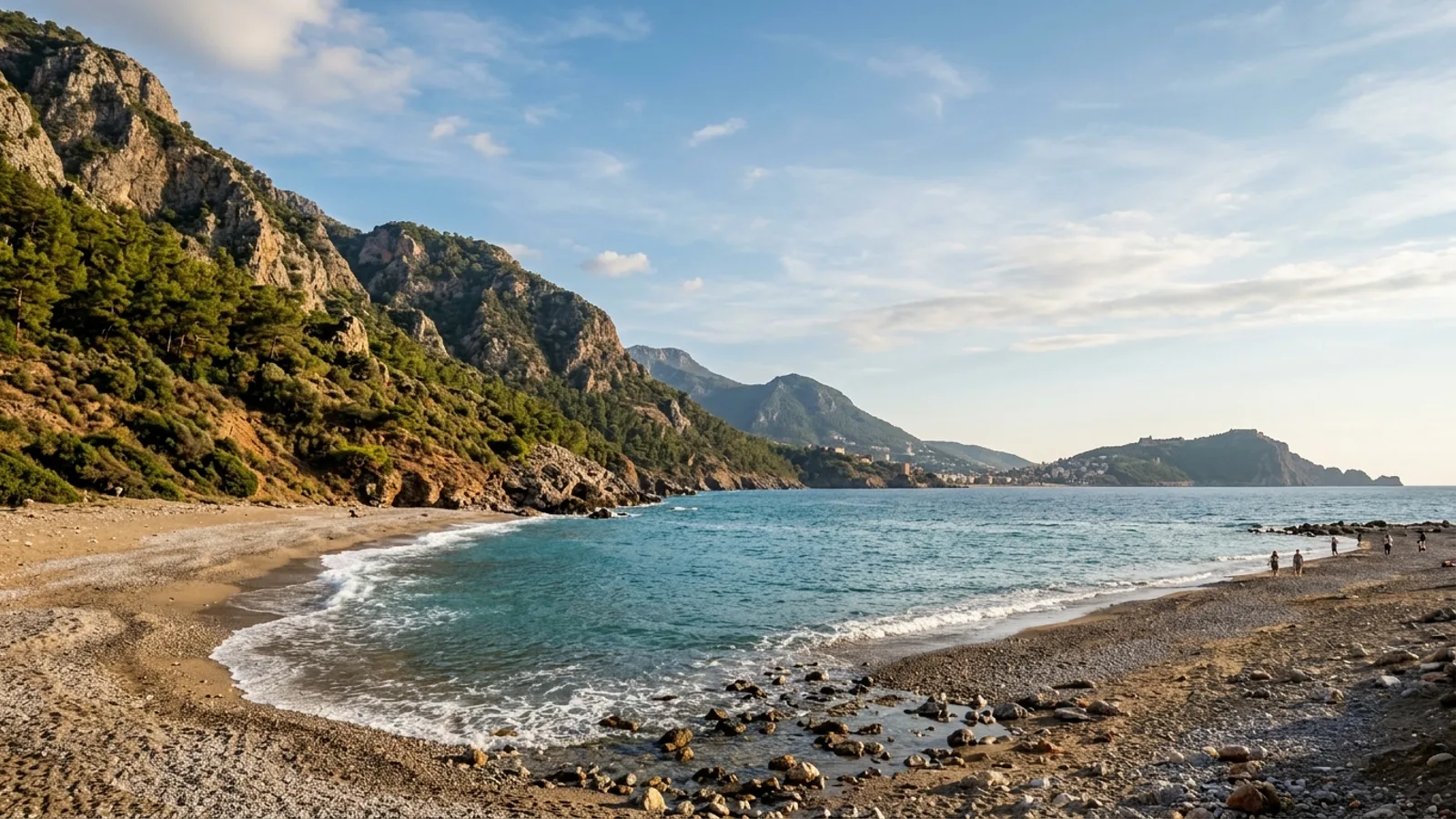 Kestel, Türkiye — the coast at Kestel east of Alanya, a narrow shingle beach with the mountain wall coming down close to the shore.