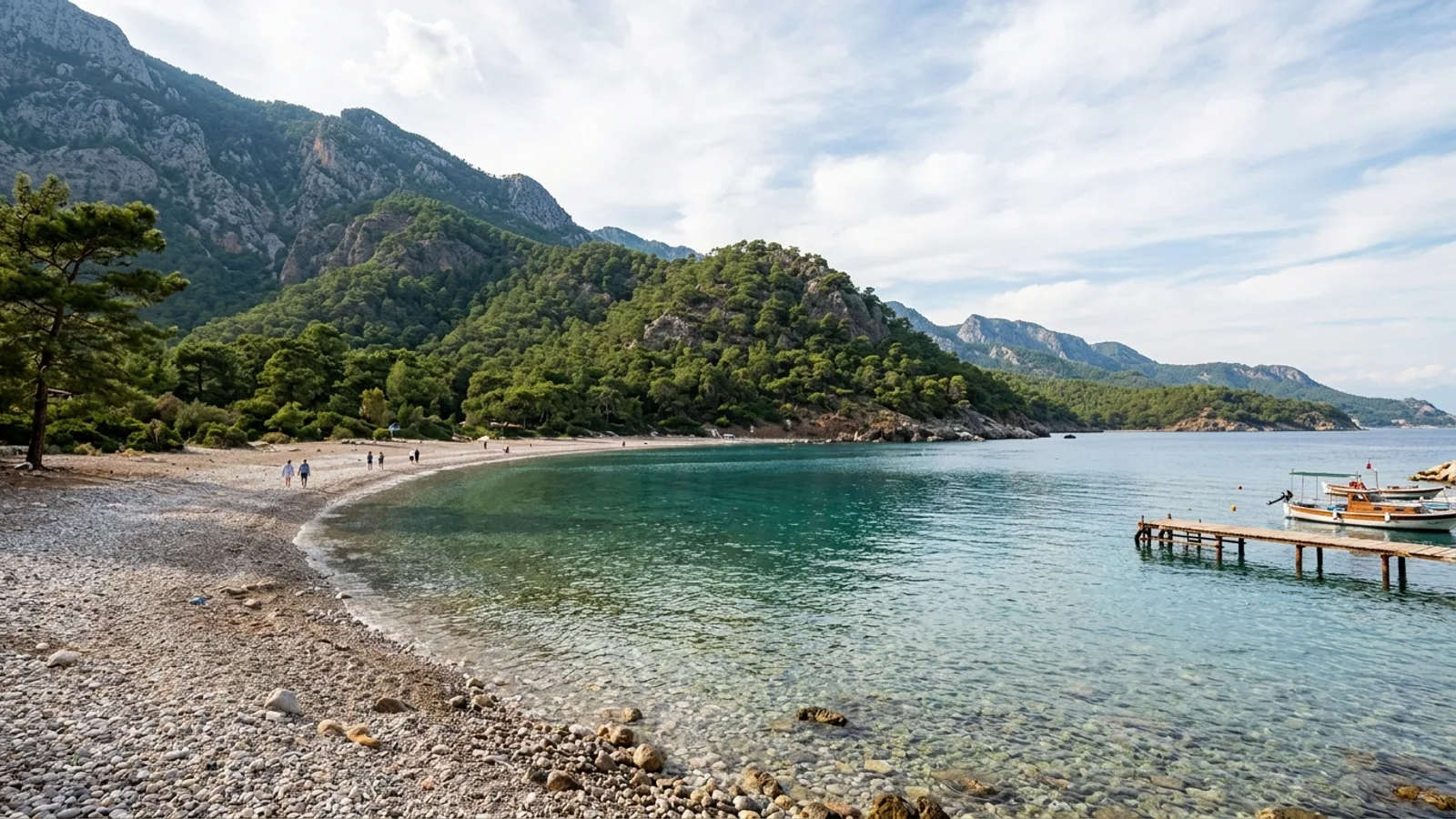 Kiris, Türkiye — the quiet pebble bay at Kiris near Kemer, clear shallow water and forested mountain slopes rising directly behind the shore.