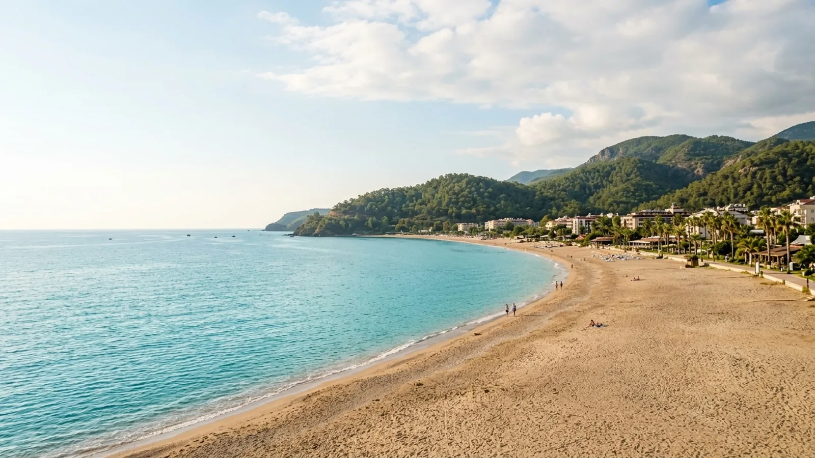 Okurcalar, Türkiye — the sandy beach at Okurcalar on the Alanya coast, calm turquoise water with low forested hills rising behind the resort strip.