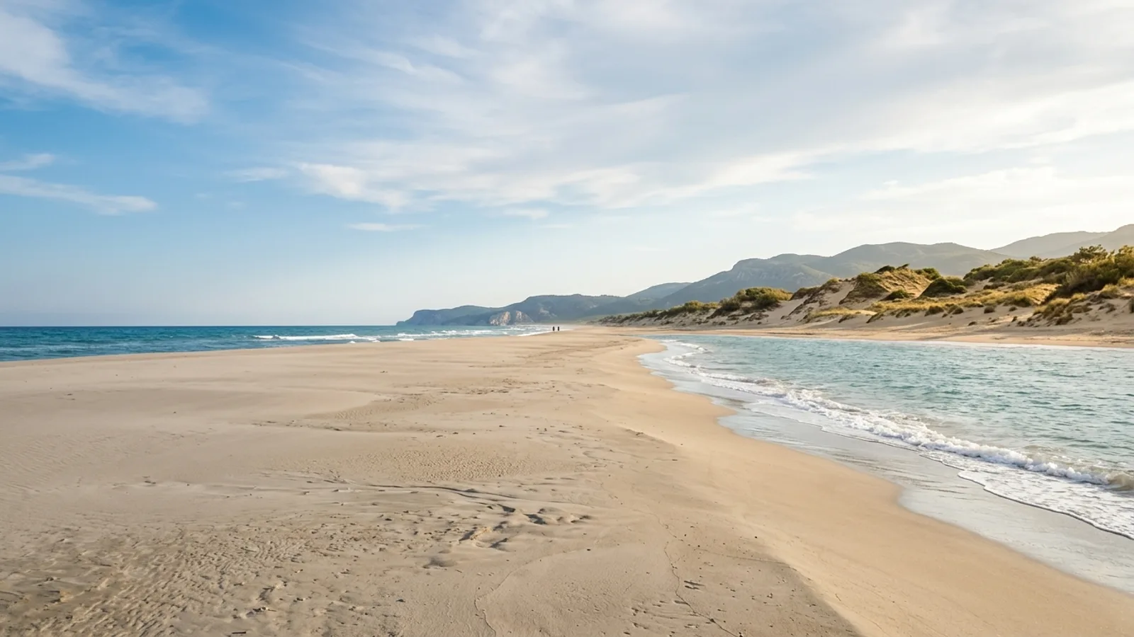Patara, Türkiye — the beach at Patara on the Lycian coast, an exceptionally long empty stretch of pale sand backed by high wind-shaped dunes.