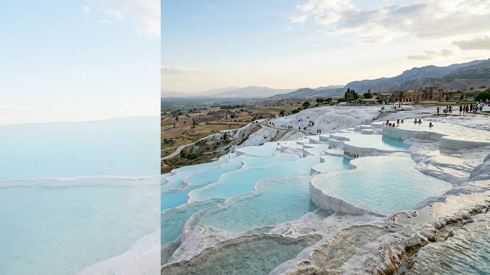 Pamukkale, Türkiye — the travertine terraces at Pamukkale, brilliant white mineral pools stepping down a hillside filled with pale blue thermal water.